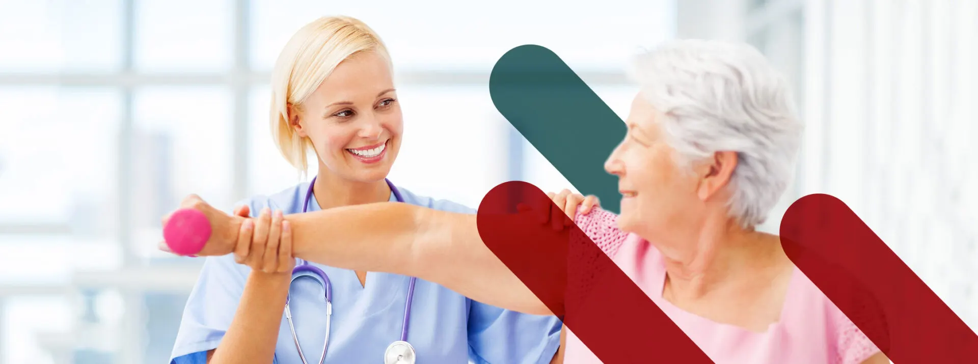 Physiotherapist guiding a senior patient through a dumbbell exercise