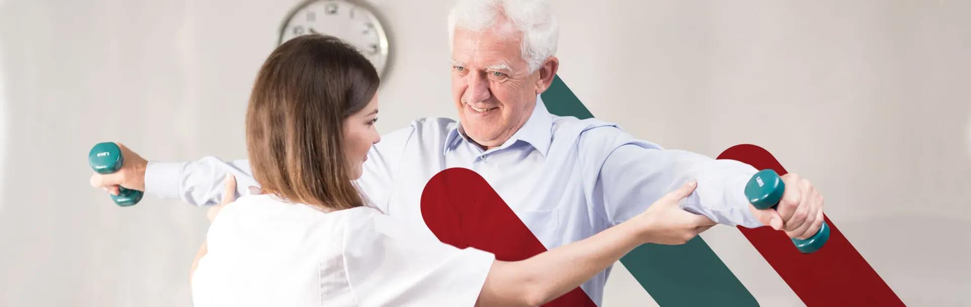 Physiotherapist assisting a senior man with dumbbell exercises
